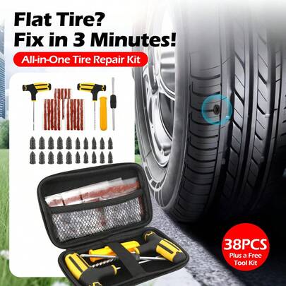 Flat Tire Repair Kit, All-In-One Emergency Tire Repair Kit, Heavy Duty Flat Tire Puncture Repair Tool Set With Screwdriver, Tire Repair Nails, Rubber Plugs, Universal Tubeless Tire Repair Kit For Car, Motorcycle, Truck, ATV, RV