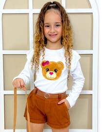 Girls' Outfit Set With Teddy Bear Purse, Short Or Long-Sleeved Blouse, Shorts, And Belt. Summer, Autumn, Winter. Borboletinhas Kids. - 棕色長袖 - 查看 5