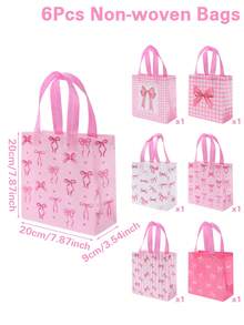 6Pcs Pink Bow Gift Bag With Handle,Non-Woven Handbag,Pink Birthday Gift Wrapping Bag,Tote Bag,Storage Bag,Pink Bow Party Favor Bag,Wedding Decor,Bridal Shower Favors,Babyshower Decor,Gender Reveal Party Decor,Birthday Party Decoration Supplies,Pink Bow Decor - Pink Bow - View 5