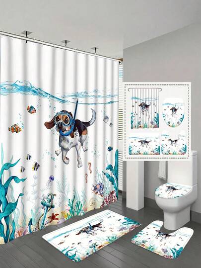 1/4pcs Funny Dog Shower Curtain Set, Blue-Green Waterproof Fabric, Suitable For Bathroom, Animal Patterns Include Octopus, Starfish, Turtle, Anchor, Fish, Nautical Theme Bathroom Curtain