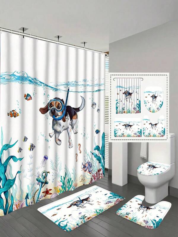 1/4pcs Funny Dog Shower Curtain Set, Blue-Green Waterproof Fabric, Suitable For Bathroom, Animal Patterns Include Octopus, Starfish, Turtle, Anchor, Fish, Nautical Theme Bathroom Curtain