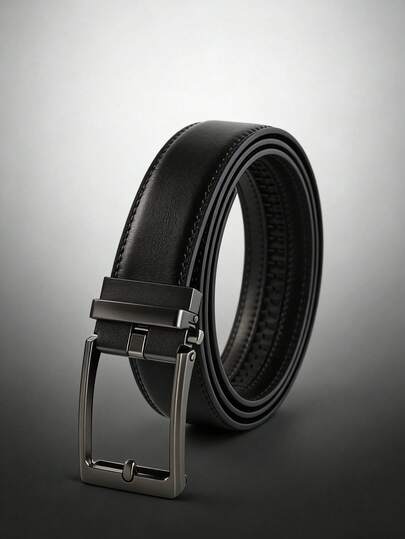1条男士商务休闲黑色真皮自动扣皮带，枪灰色皮带扣，简约百搭，适合日常穿着、办公室、商务会议、毕业典礼、生日、旅行、正式场合。