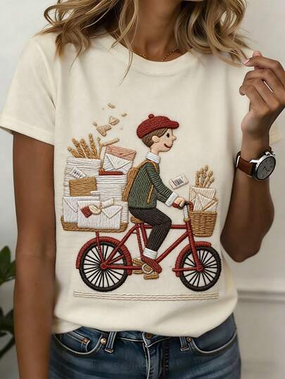 毛毡卡通人物印花可爱女孩卡通夏季女装，女士休闲圆领短袖T恤 白色