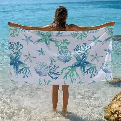 1 pieza Toalla de playa/baño con estampado de estrella de mar, concha y coral en estilo acuarela degradado azul y verde, de un solo lado, absorbente, de secado rápido y súper suave, con protección solar, ideal como manta de yoga, toalla de playa, piscina y deportes, suave y ligera, perfecta como regalo