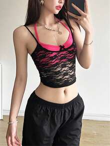 Kliou 性感提花两件套吊带背心，蝴蝶结细肩带，街头风夏季沙滩基础款午夜夜店度假背心 - 粉色 - 查看 4