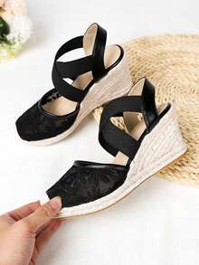 Sandalias de cuña casuales y de moda para mujer con cuerda de paja, malla elástica y diseño cruzado, transpirables - Negro - Ver 1