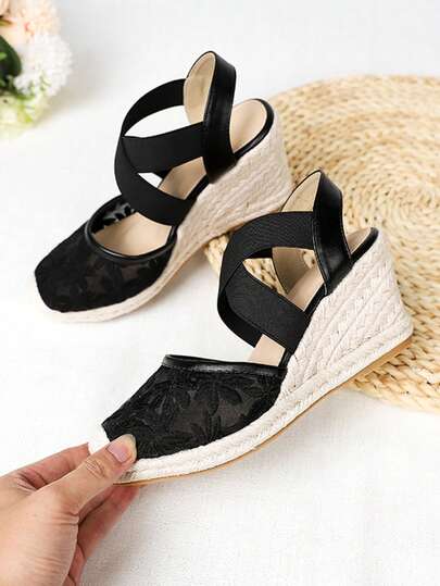 Women's Breathable Criss-Cross Elastic Mesh Straw Rope Fashionable Casual Wedge Sandals