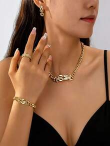 五件套优雅小众几何造型首饰套装，高端精致，百搭大气，适合女性日常佩戴或作为礼物。 - 金色 - 查看 6