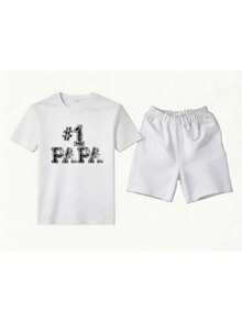 Conjunto masculino casual de dos piezas estilo minimalista con estampado #1 Papa en algodón ajuste holgado cuello redondo manga corta primavera verano uso familiar y diario set - Blanco 1 - Ver 1