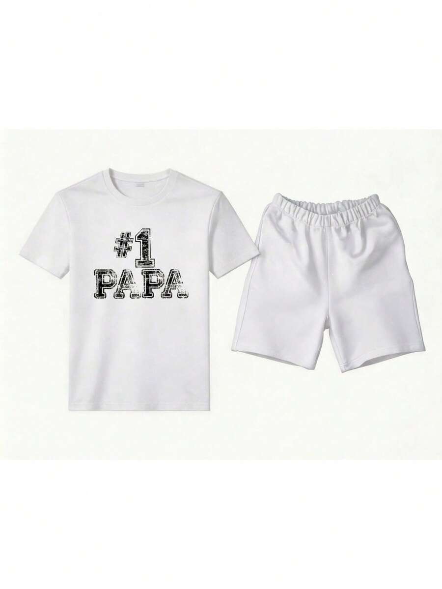 Conjunto masculino casual de dos piezas estilo minimalista con estampado #1 Papa en algodón ajuste holgado cuello redondo manga corta primavera verano uso familiar y diario set - Blanco 1 - Ver 1