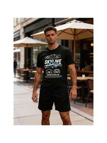 Conjunto para hombre estilo streetwear japonés racing con estampado gráfico de auto Skyline algodón suave ajuste holgado cuello redondo manga corta primavera verano uso casual set de playera y shorts - Negro 2 - Ver 2