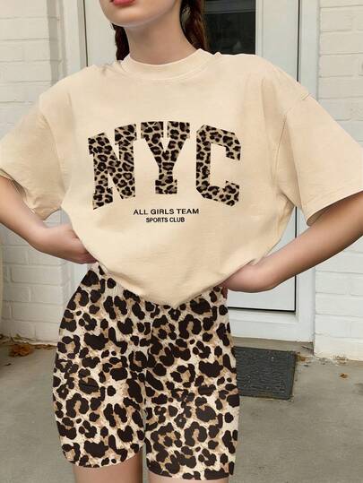 2pcs Girls Outfit, Loose T-Shirt Paired With Leopard Print Shorts, Leopard Print Texture "NYC" And Slogan Print, Casual Matching, Suitable For Back To School, Street Style, Daily Casual Wear