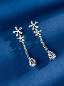 长款锆石水滴耳环，女士优雅奢华流苏铜耳环 - 銀色 - 查看 1