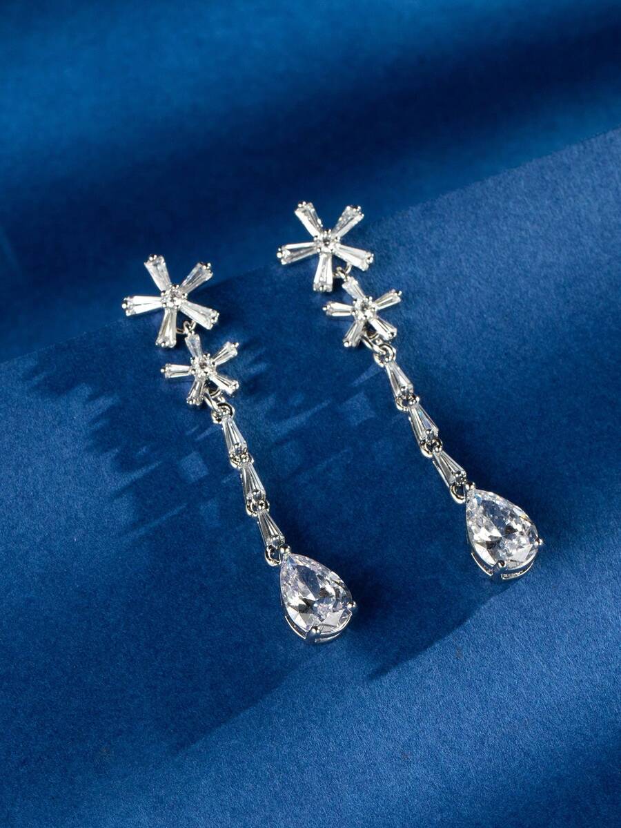 长款锆石水滴耳环，女士优雅奢华流苏铜耳环 - 銀色 - 查看 1