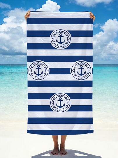 1pc Classic Blue & White Contrast Color Beach Towel, Anchor Badge Print, Soft & Skin-Friendly, Perfect For Beach Photography, Essential For Vacation, Dreamy Beach Vibe, High Absorbency Bath Towel For Swimming, Fitness, Yoga, Lightweight & Portable, Ideal For Summer Travel & Holiday, Bathroom Decor