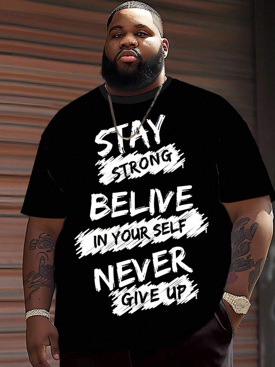 Men's Plus Size Round Neck Black Tee Short Sleeve Casual Knitted Fabric Top With Inspiring Slogan Print - màu đen - Xem 1