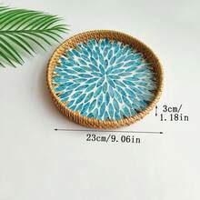 1pc 7.87 Inch Diameter X 1.18 Inch Height Handmade Rattan Round Tray, Colorful Shell Decorated Desktop Storage Tray - View 19