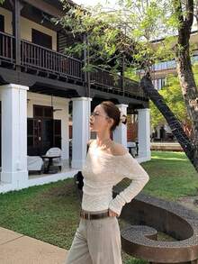 蕾丝吊带背心，露肩，百搭，显瘦，双面可穿，镂空白色休闲上衣 - 白色 - 查看 5