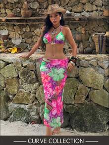 3pcs Plus Size Leopard Print Floral Sexy Swimsuit Set, Metal Starfish Decor, Removable Pads, Women Summer Dress, Holiday Outfit, Dress, Ibiza Clothing, Women Swimwear, Bikini Set, Ladies Swimsuit, Beach Wear, Holiday Set, Beach Dress, Women Bikini Set, Swimsuit Vacation - Multicolor - View 2