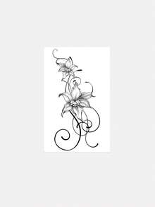 1pc Fashionable Waterproof Temporary Tattoo, Dark Gothic Skull & Lily Floral Design, Realistic Side Waist Goth Style Vine Tattoo Sticker, Suitable For People,Sketch Style - Black - View 6