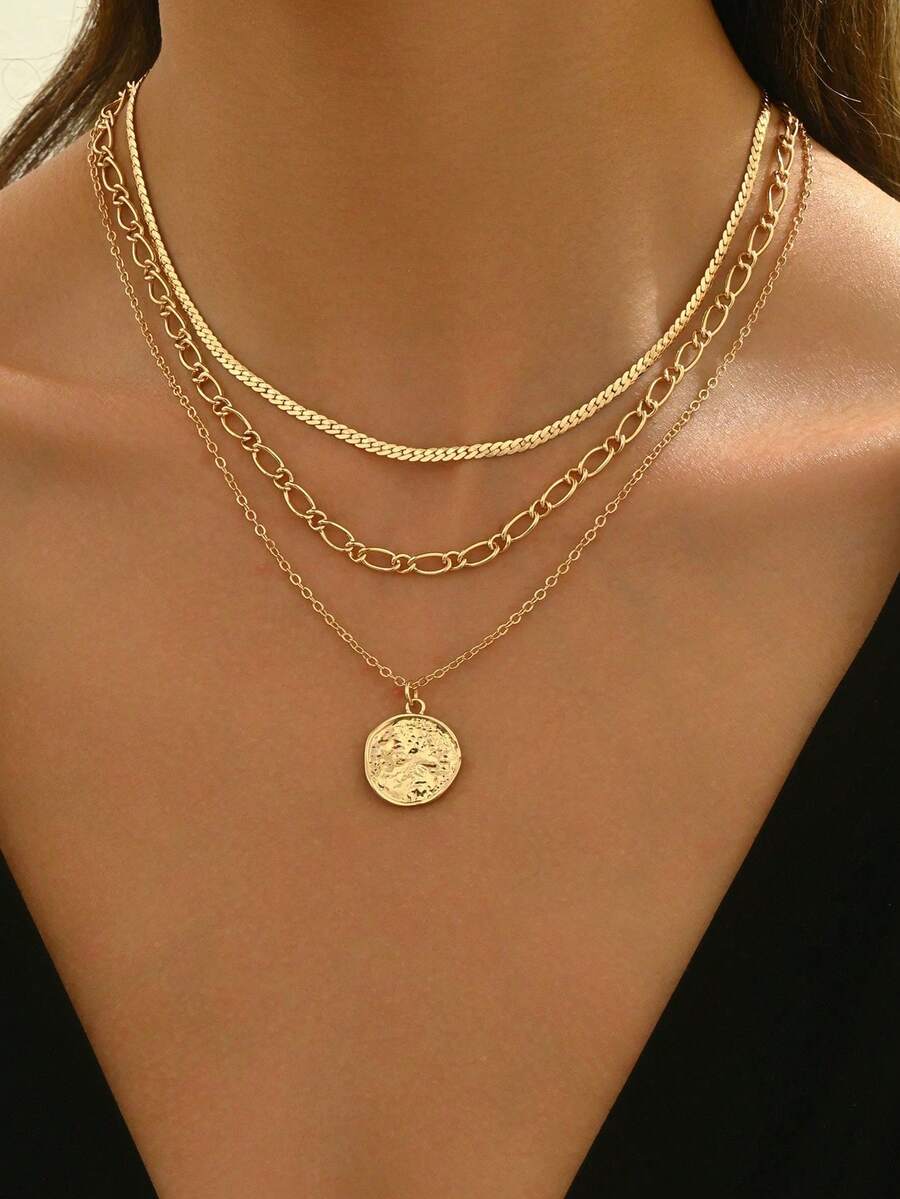 3pcs/Set Simple Versatile Round Pendant Necklace, Gold Plated Handmade Cute Short Clavicle Chain, Multi-Layer Necklace For Women, Suitable For Casual Daily Wear. Handmade Chain Length Can Be Customized. - Gold - View 1
