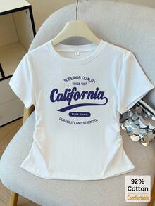 夏季字母印花短袖T恤，侧边褶皱设计，复古时尚露脐上衣，独特潮流款式 - 白色 - 查看 5