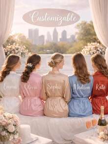 1 pieza Bata de novia de satén personalizada, diseño de manga corta, texto personalizable, adecuada para la novia y las damas de honor, bata de satén personalizada, bata de novia personalizada, preparación de la bata de dama de honor, bata de fiesta de boda, bata con ribete de encaje, bata con nombre personalizado, regalo de bata de novia, regalo de fiesta nupcial, ropa de estar en casa de seda, minimalista, divertida, personalizada, única, ropa de estar en casa de seda a juego para damas de honor, regalo especial para amigas y novias de la novia, elegante otoño (Talla: XL) - Multicolor - Ver 3