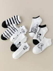 4双随机卡通猫咪图案休闲薄款短袜，女士款，春夏款 - 彩色 - 查看 4