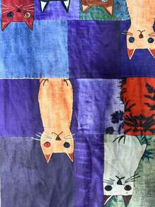 大码无袖圆领拼接猫咪印花吊带连衣裙，及膝长度，中等弹力针织面料，夏季优雅款 - 紫色 - 查看 3