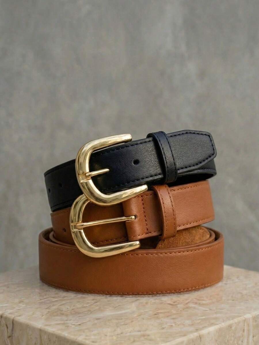 Women's Belt Set With GABI Gold Metallic Buckle In Minimalist Faux Leather - Black and Caramel - View 1