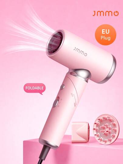 JMMO Foldable Hair Dryer, Professional High Speed Ionic Blow Dryer Million Negative Ions & Low Noise Hairdryer With Magnetic Diffuser For Fast Drying All Hair Types, No Heat Damage, Pink-EU Plug