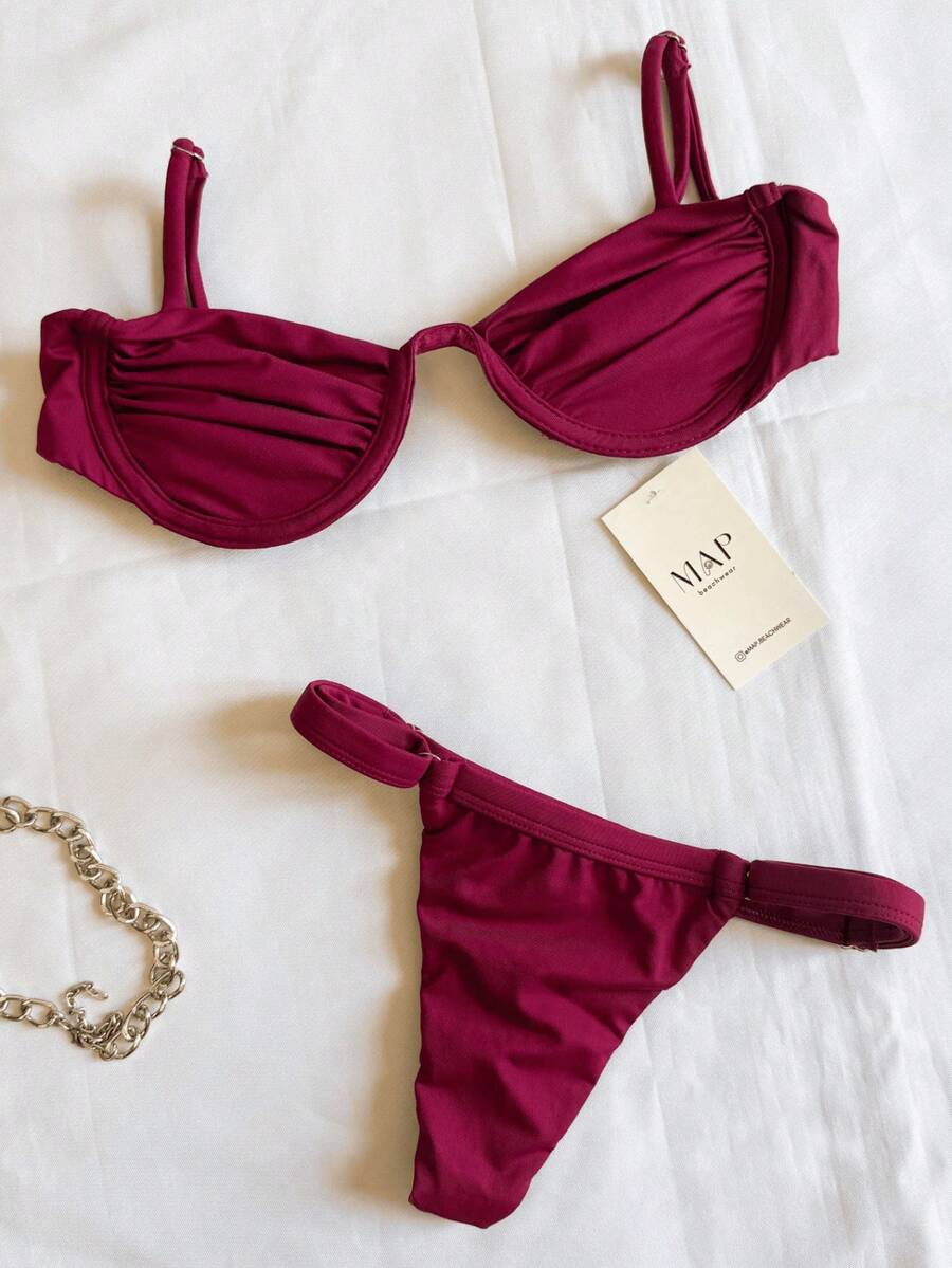 Underwire Bikini With Adjustable Straps And Thong Panties - Rượu vang Aro - Xem 1