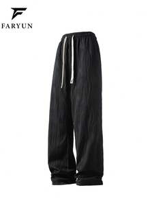 Men's Wide Leg Straight 3D Wavy Texture Minimalist Casual Pants - Black - View 6