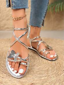 1 Pair Solid Color Minimalist Bow Decor Toe Ring Sandals For Young Men And Women, Fashionable And Elegant Flat Slip-On Sandals Suitable For Daily Wear, Parties And Vacations In Summer - Silver - View 3