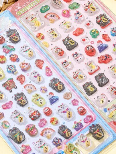 2026新款可爱卡通招财猫3D环氧树脂贴纸套装 | 萌趣动物贴纸，适用于手机壳，可重复使用防水贴纸，DIY装饰工艺品，DIY闪光贴纸，DIY手机壳贴纸，DIY笔记本贴纸，DIY手工贴纸，适用于剪贴簿和文具装饰