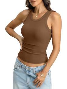 Sports Bra Vest With Non-Removable Padding - Seamless, Wire-Free Design Suitable For All Seasons, Yoga, Running, And Gym Wear. Vest With Built-In Bra, Fall Women's Wear. - 棕色 - 查看 4