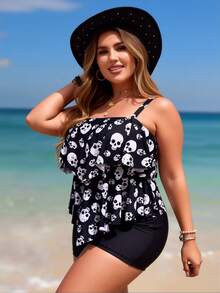 Large Conservative Split Swimsuit For Women, Loose And Not Tight, Punk Skull Print, Casual Vacation, Hot Spring Swimsuit - màu đen - Xem 1
