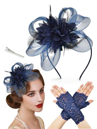 2件套D EXCEED女士精致礼帽，茶会帽，配蕾丝手套，1950年代风格连衣裙，派对配饰，适合婚礼、鸡尾酒会、教堂活动、摄影及日常优雅穿着
