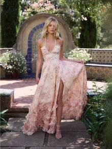 Fresh And Sweet French Vacation Atmosphere, Floral Women's Clothing With Elegant Temperament, Printed Slim Fit, Large Swing, Vacation Suspender Long Skirt - Hồng1 - Xem 1