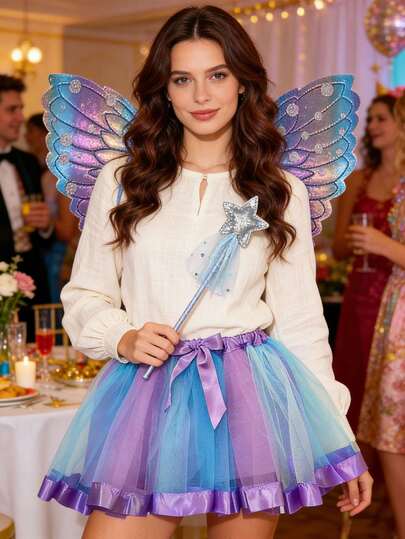 Ombre Butterfly Wing Wand & Tutu Skirt Set, Blue Ombre Butterfly Wing & Star Fairy Wand, Birthday Party Costume Accessories, Cosplay Props, Festival Performance Outfit, Party Supplies Set