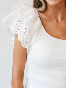 Acelitt Summer White Minimalist Ruffle Sleeve Fitted Top Casual - White - View 3
