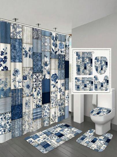 1/4件套花卉格子拼接浴帘套装，采用经典复古蓝色设计，防水涤纶浴帘，防滑浴室垫，U型马桶垫，12个挂钩 - 现代风格，适合家居装饰、浴室装饰及配件，易于清洁和保养，优雅的乔迁礼物 - 四季皆宜