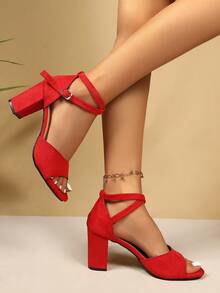 2026新款夏季女士中跟粗跟黑色凉鞋，学生百搭露趾单带罗马高跟鞋 - 紅色 - 查看 4