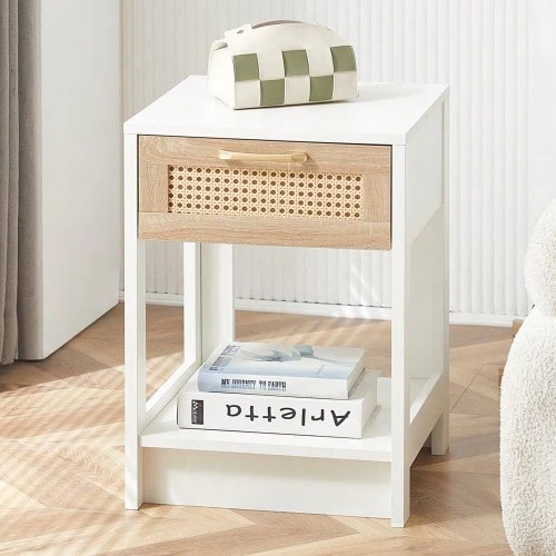 Rattan Side Table With Drawer, Modern Bedside Table, Side Table For Living Room, Bedroom, White - H55/W40/D40 Cm - White - View 1