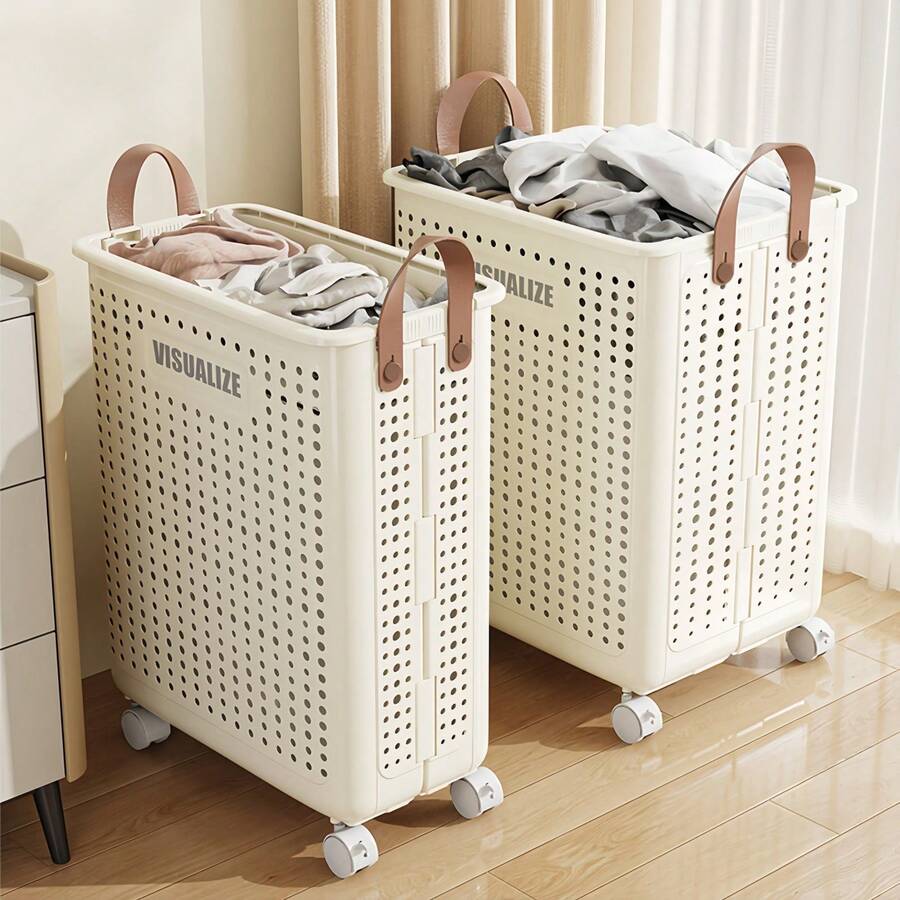 Giỏ đựng quần áo bẩn gấp gọn dung tích lớn có bánh xe (nhiều kích cỡ) - Thiết kế màu trơn, giỏ đựng quần áo bẩn gấp gọn đa chức năng, thích hợp để cất giữ trong phòng tắm và ban công, túi đựng quần áo bẩn, phụ kiện phòng giặt.