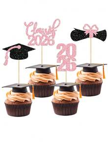 12pcs 2026 Graduation Theme Glitter Cupcake Decorations, 2026 Graduation Diploma Cap Cupcake Toppers, 2026 Graduation Party Cake Decorations, Pink - Pink - View 7