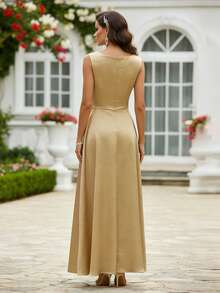 HOMEYEE 女士优雅无袖不对称领口长款喇叭连衣裙，迷人浪漫的鸡尾酒会礼服/婚纱 - 香檳色 - 查看 4