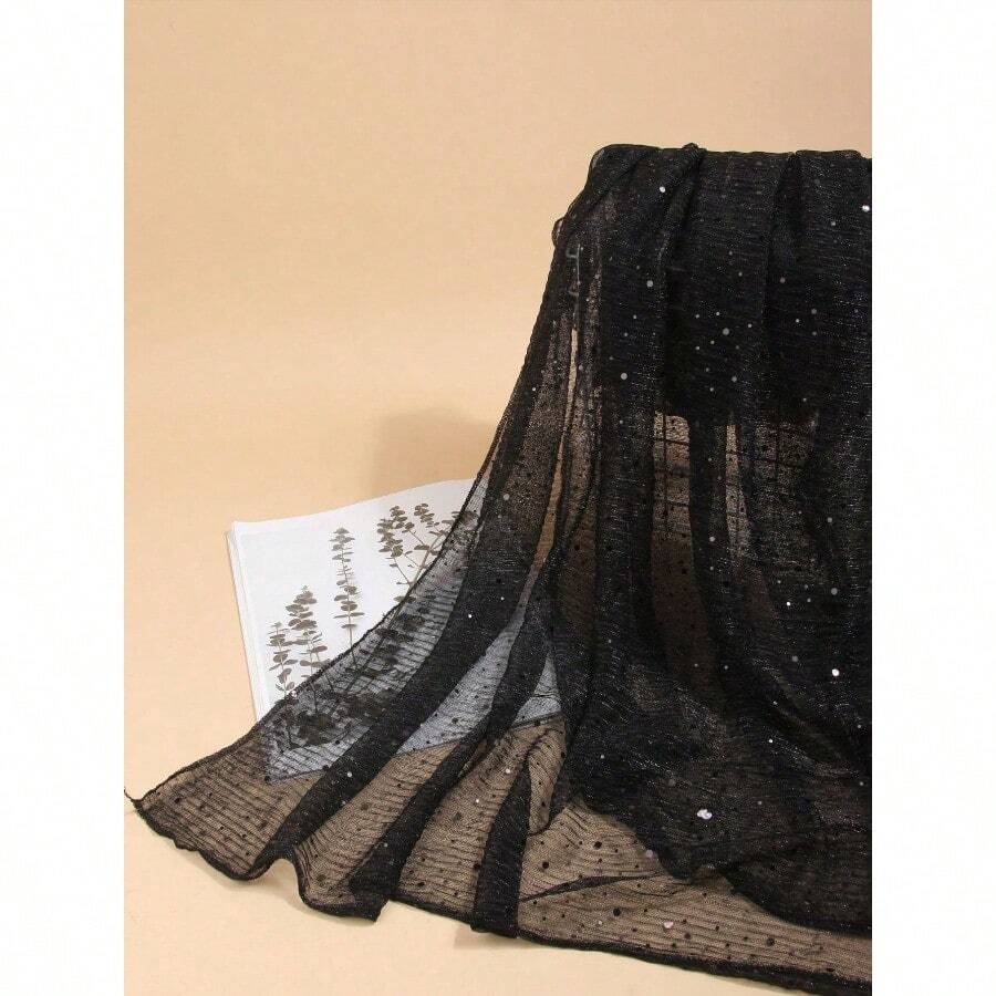 1pc Women's Lightweight Solid Color Sequin Bandana Scarf, Headscarf, Middle Eastern Hijab, Decorative Shawl, Sun Protection Beach Wrap, Suitable For Daily Use - Black - View 1
