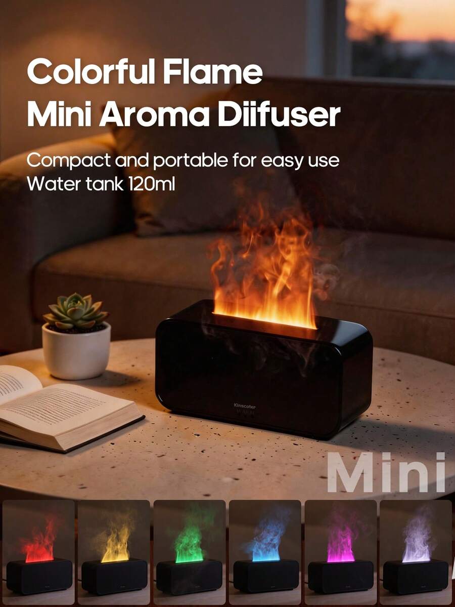 kinscoter 1 pieza Difusor de aroma con llama mini USB de 120ml, humidificador de aire ultrasónico portátil, difusor de aceites esenciales con llama colorida y ligero, adecuado para oficina y uso doméstico