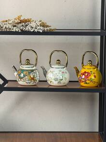 1个花卉球形茶壶/水壶（蓝星花、卡西花、孔雀、黄莲花图案），小巧精致，女神之选，适用于炉灶、壁炉和明火，可用于泡茶、烧水、加热牛奶。可作为礼物赠送给家人、朋友或爱人。相信他们一定会非常喜欢。 - 彩色 - 查看 3